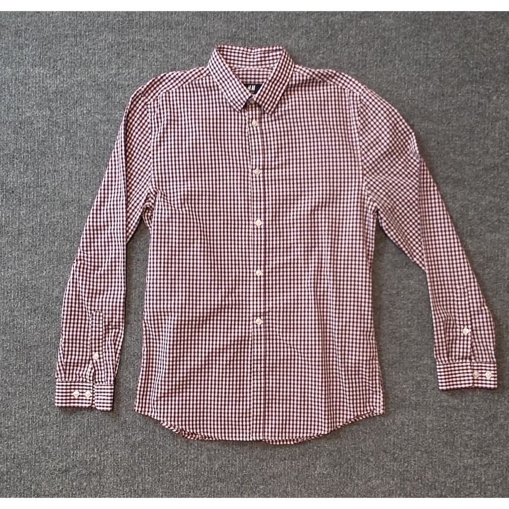 H&M Slim Fit Mens‎ Medium Burgundy Gingham Dress Shirt Easy Iron